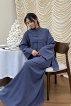 Mandarin Collar Knot-Button Modest Two-Piece Co-Ord Set-NavyBlue
