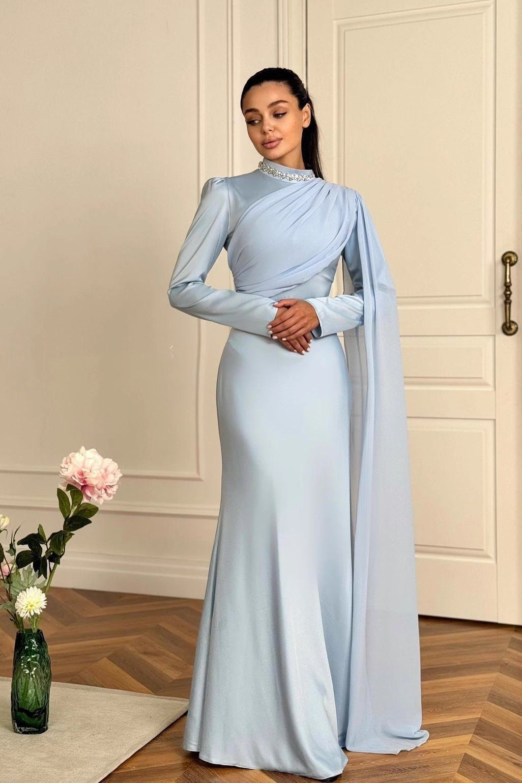 Slim-Fit Long Sleeve Luxury Evening Maxi Dress-Blue