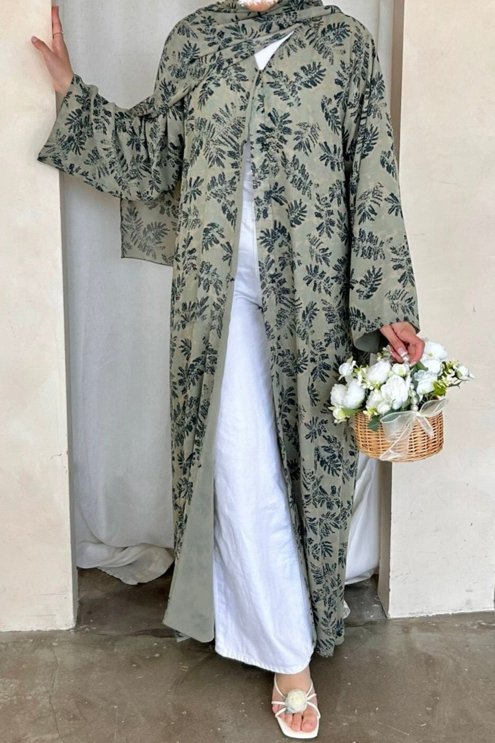 Floral Print Open Abaya & Matching Hijab Two-Piece Set-Green