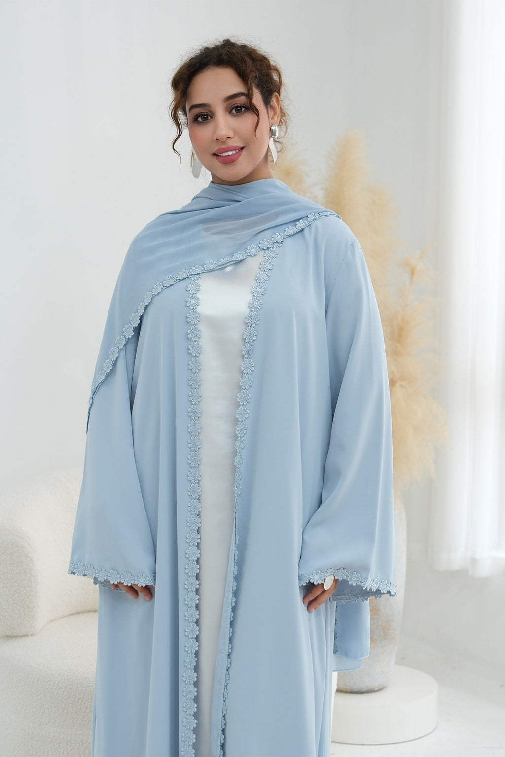 Floral Lace Trim Open Abaya & Matching Hijab Two-Piece Set-Blue