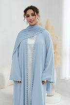 Floral Lace Trim Open Abaya & Matching Hijab Two-Piece Set-Blue