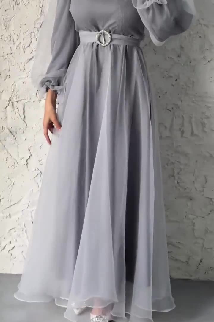 Tulle Overlay Modest Maxi Dress-Grey