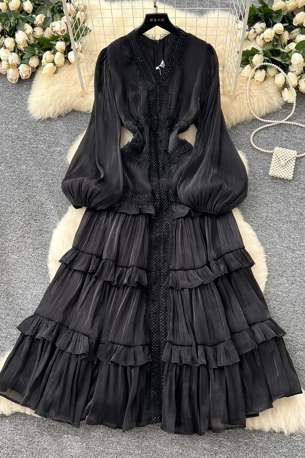 Luxury Rhinestone Embellished V-Neck Lace Patchwork Maxi Dress-Black