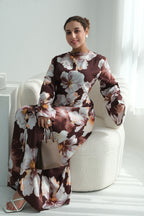 Large Floral Print Bell Sleeve Maxi Dress-Coffee