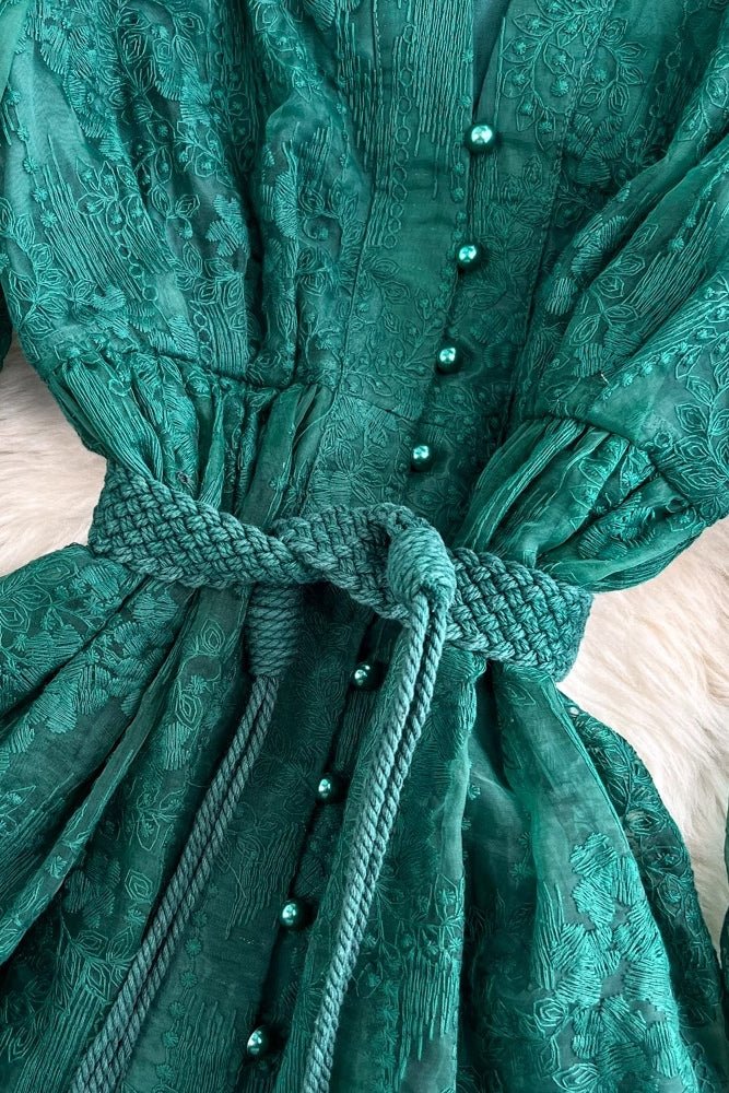 Elena Lace Embroidered Buttoned Maxi Dress-DarkGreen