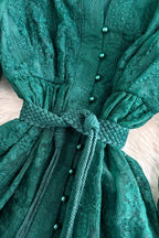 Elena Lace Embroidered Buttoned Maxi Dress-DarkGreen