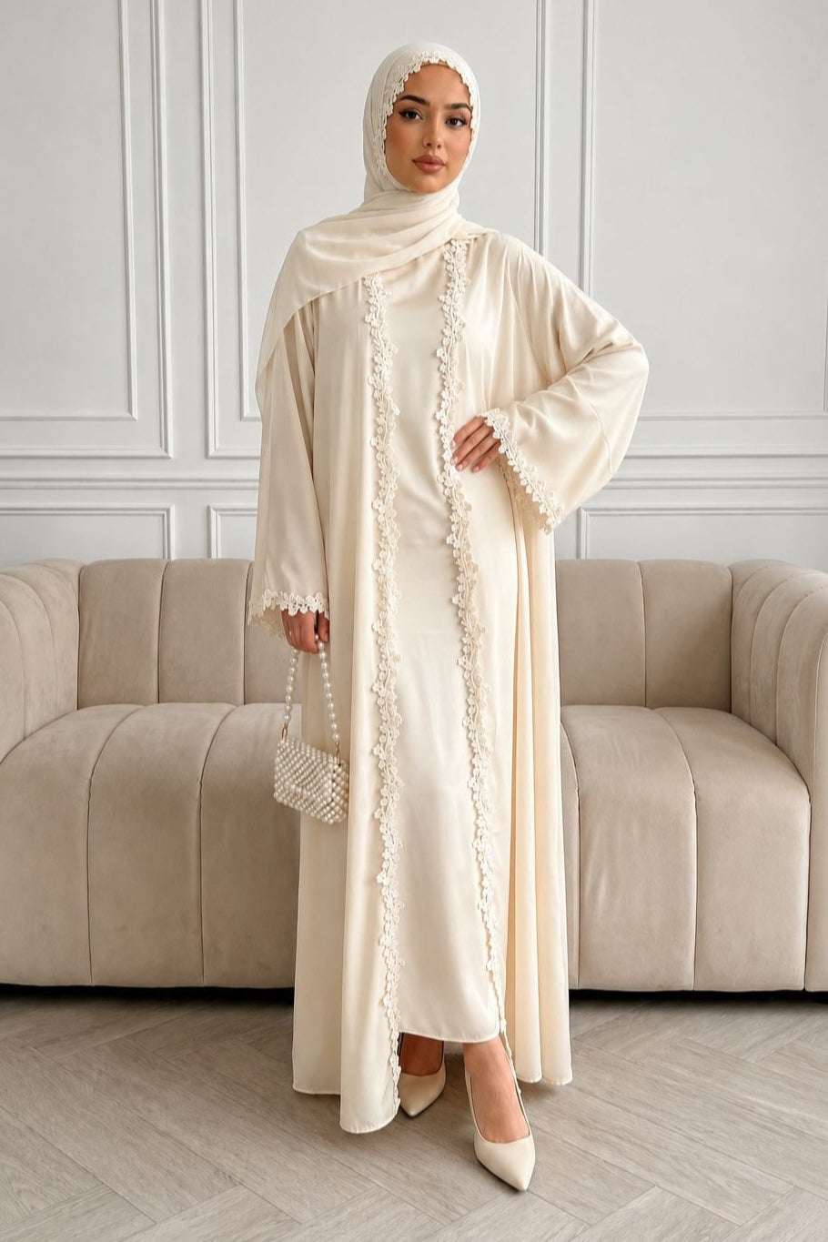 Embroidered Lace Texture Open-Front Duster Abaya