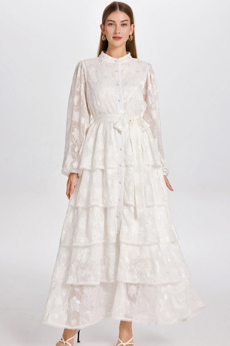 Freya Embroidered Tiered Button Front Dress-White