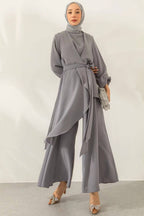 Asymmetrical Wrap Tunic & Wide-Leg Trouser Chiffon Set-Grey
