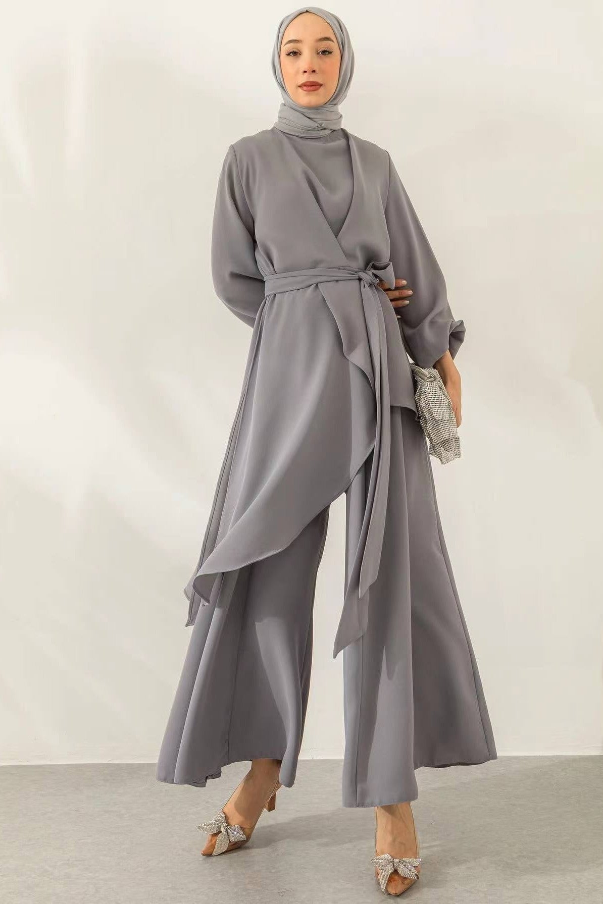 Asymmetrical Wrap Tunic & Wide-Leg Trouser Chiffon Set-Grey
