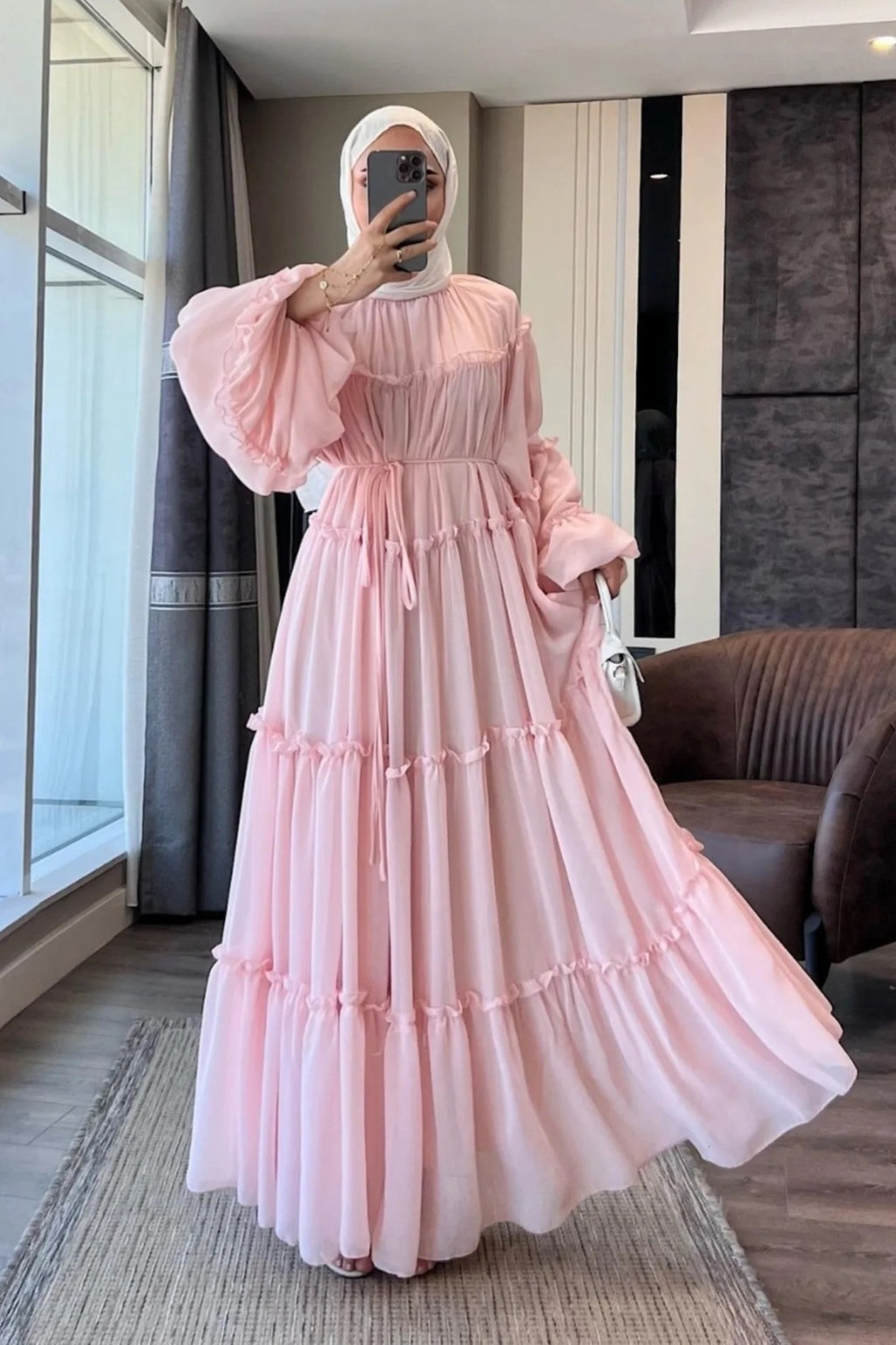 Tiered Ruffle Chiffon Maxi Dress-Pink