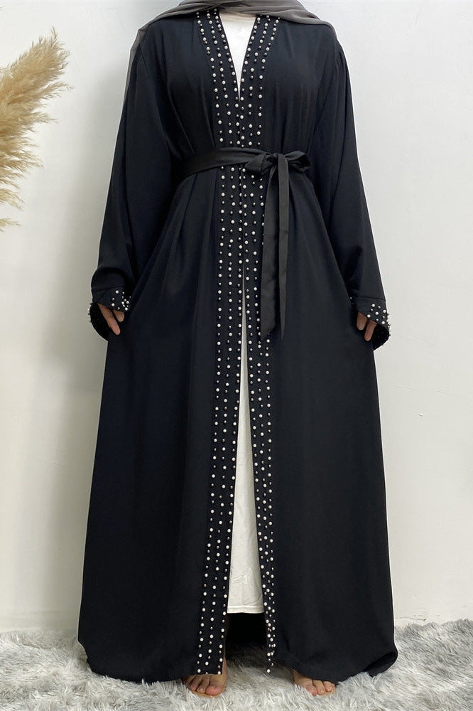 كارديجان أسود أنيق سادة بتطريز لؤلؤي