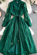 Elena Lace Embroidered Buttoned Maxi Dress-DarkGreen