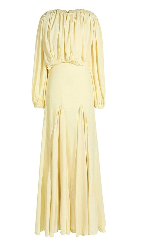 Zoe Pleated Chiffon Long Sleeve Maxi Gown-Yellow