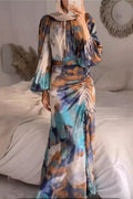 Pleated Cinched-Waist Slimming Long Sleeve Elegant Commuter Dress