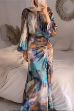Pleated Cinched-Waist Slimming Long Sleeve Elegant Commuter Dress