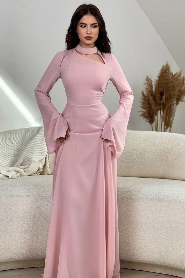 Minimalist Evening Dress with Flared Sleeves-Pink