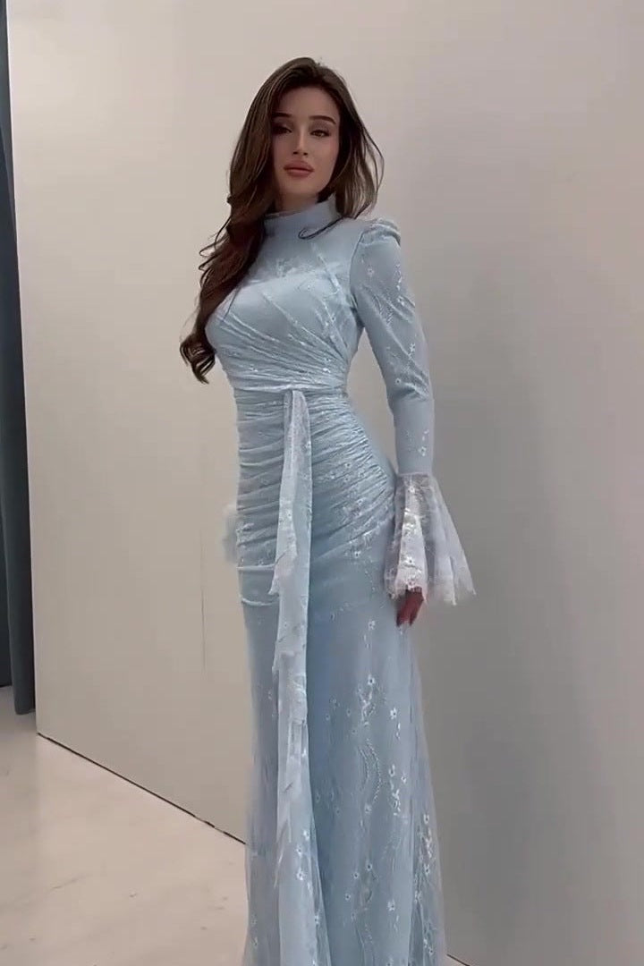 Ethereal High-End Long Sleeve Pastel Evening Maxi Dress-Blue