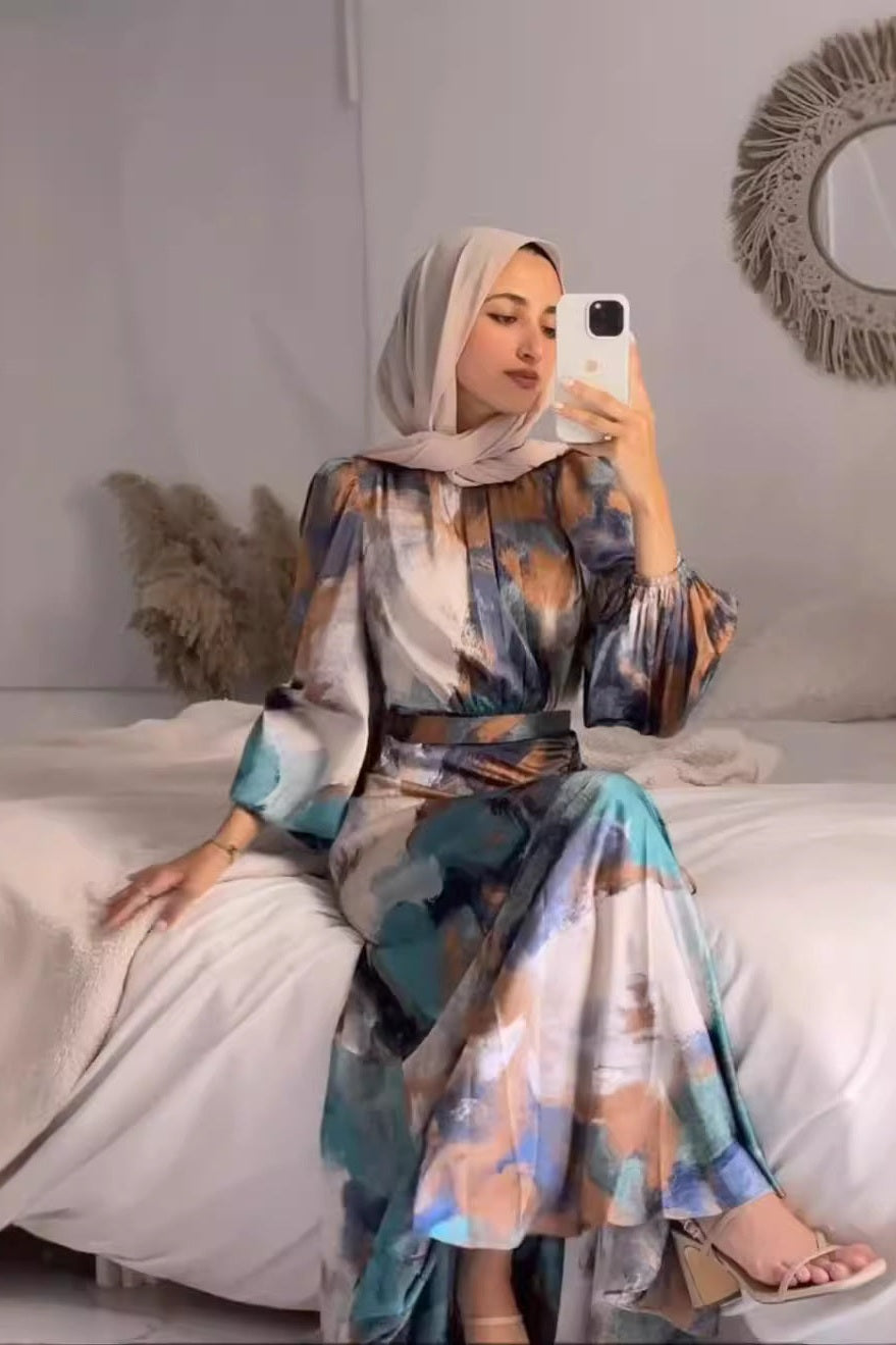 Pleated Cinched-Waist Slimming Long Sleeve Elegant Commuter Dress