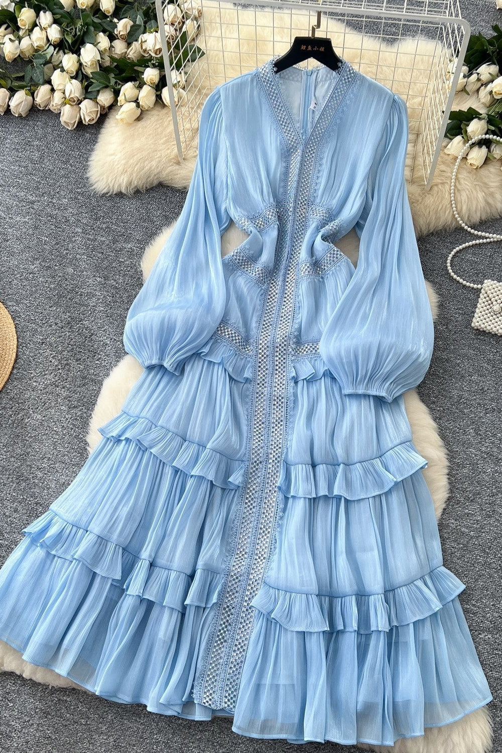 Luxury Rhinestone Embellished V-Neck Lace Patchwork Maxi Dress-Blue