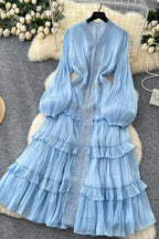 Luxury Rhinestone Embellished V-Neck Lace Patchwork Maxi Dress-Blue