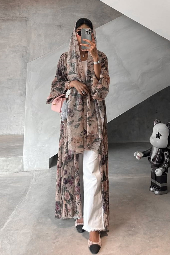 Floral Print Sheer Open Abaya & Matching Hijab Set