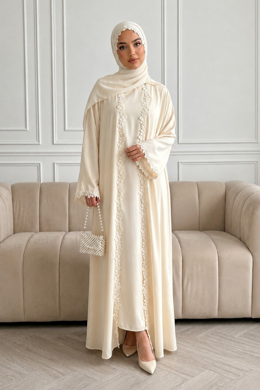 Embroidered Lace Texture Open-Front Duster Abaya