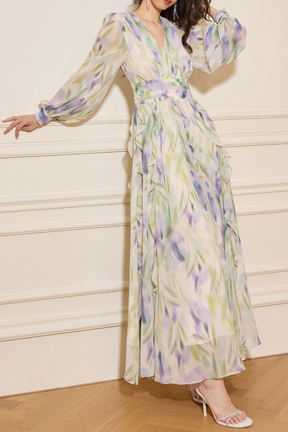 Enchanted Butterfly & Floral Cinched-Waist Full-Sweep Maxi Dress