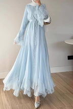 Button Down Cascade Ruffle Sleeve Dress-Blue