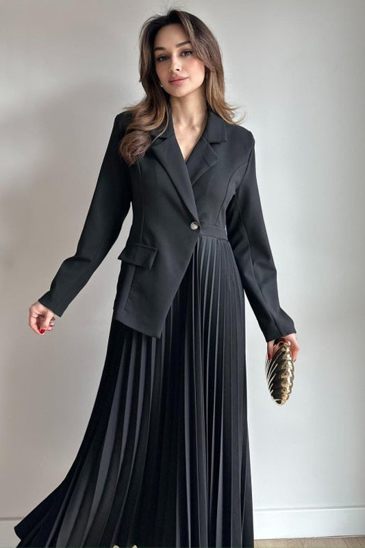 Amara Blazer Pleated Maxi Dress-Black