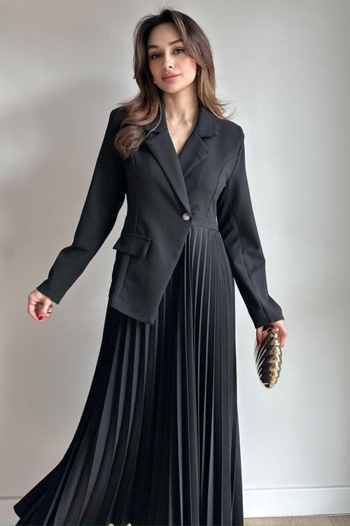 Amara Blazer Pleated Maxi Dress-Black