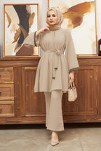 Glistening Rhinestone Modest Top & Flared Pant Set-Apricot