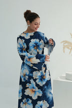 Large Floral Print Bell Sleeve Maxi Dress-DarkBlue