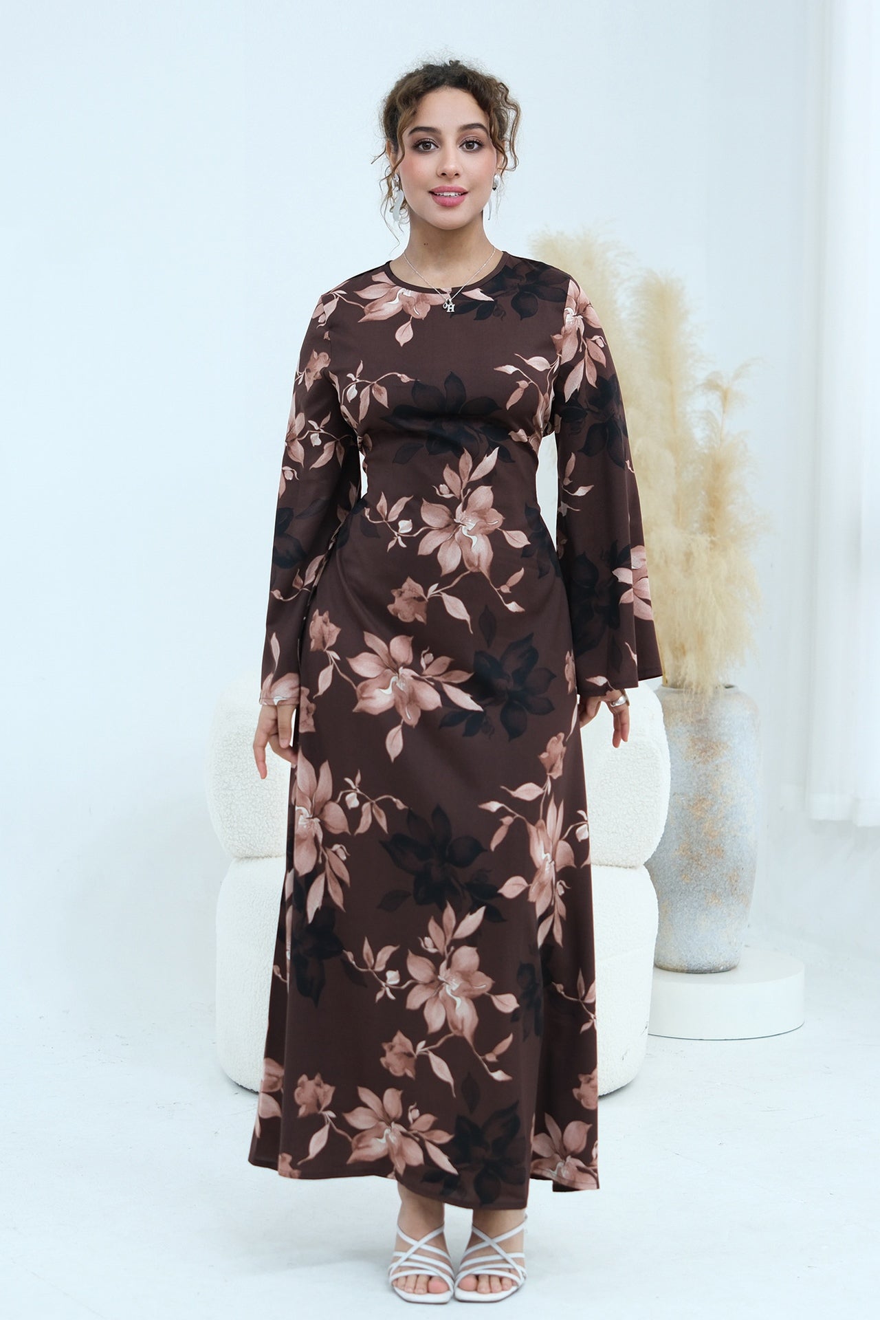 Bell Sleeve Floral Maxi Dress-Coffee