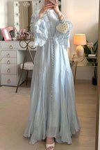Button Down Cascade Ruffle Sleeve Dress-Blue