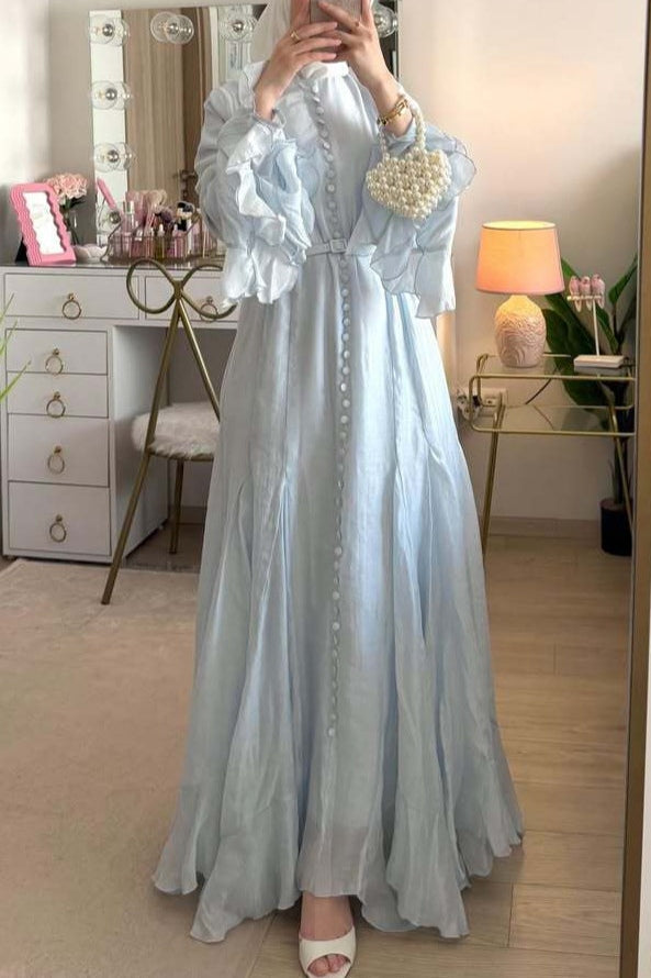Button Down Cascade Ruffle Sleeve Dress-Blue