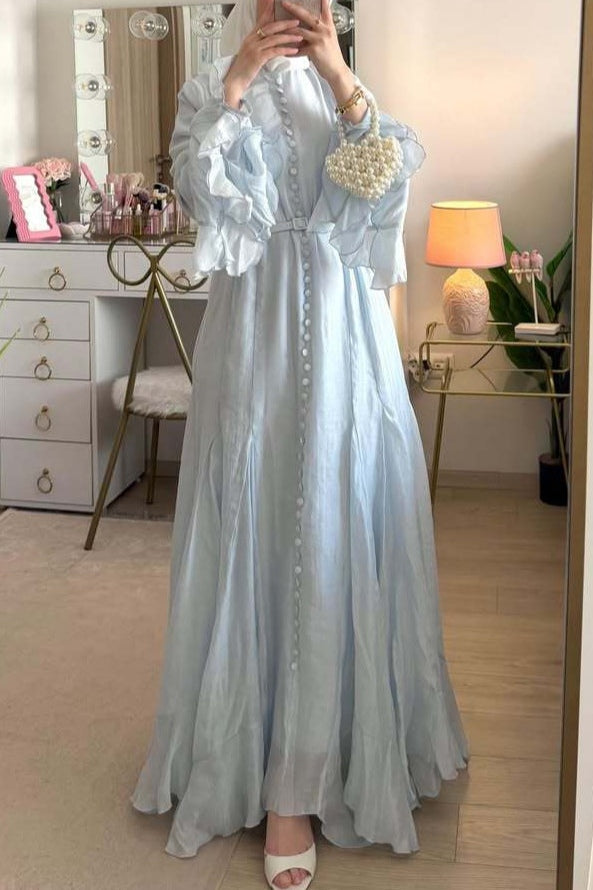Button Down Cascade Ruffle Sleeve Dress-Blue