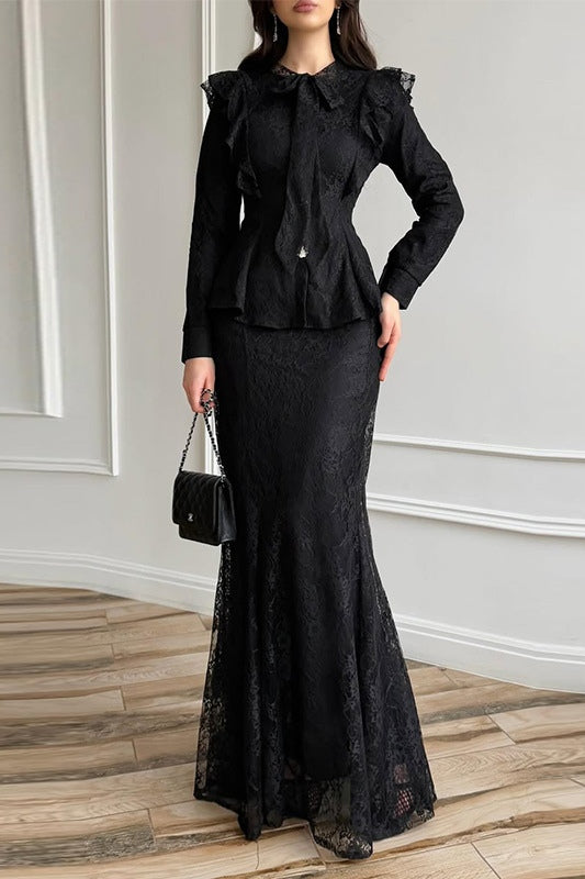 Lace Ruffle Peplum Mermaid Skirt Set-Black
