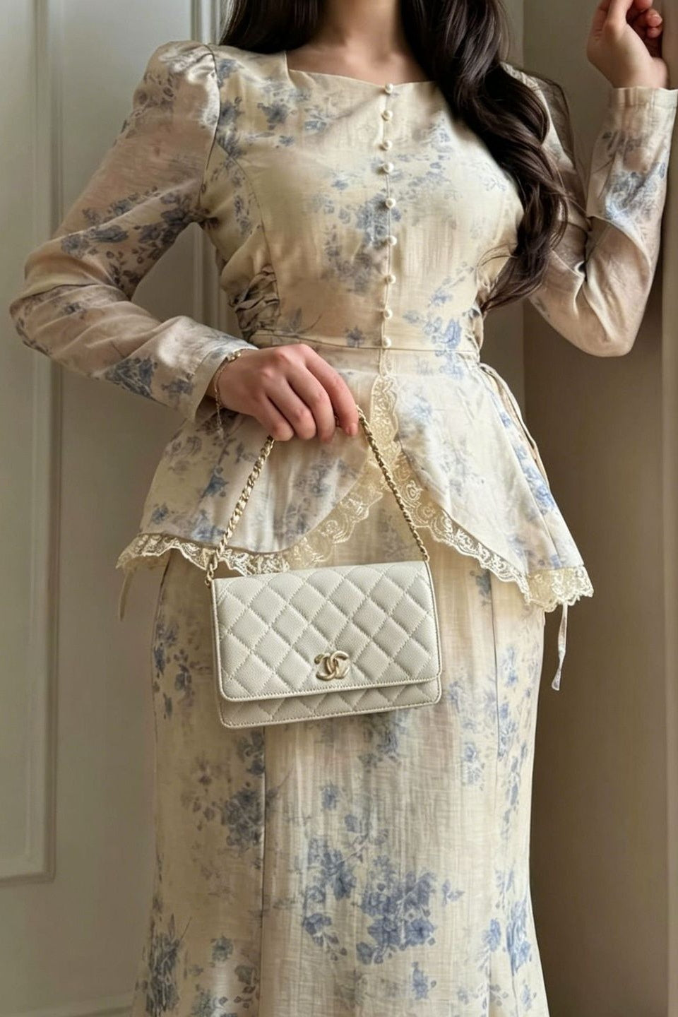 Floral Texture Peplum Pearl Button Dress