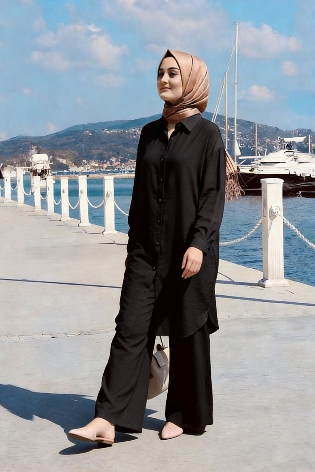 طقم تونيك مريح وبنطال واسع الأرجل من قطعتين - أسود