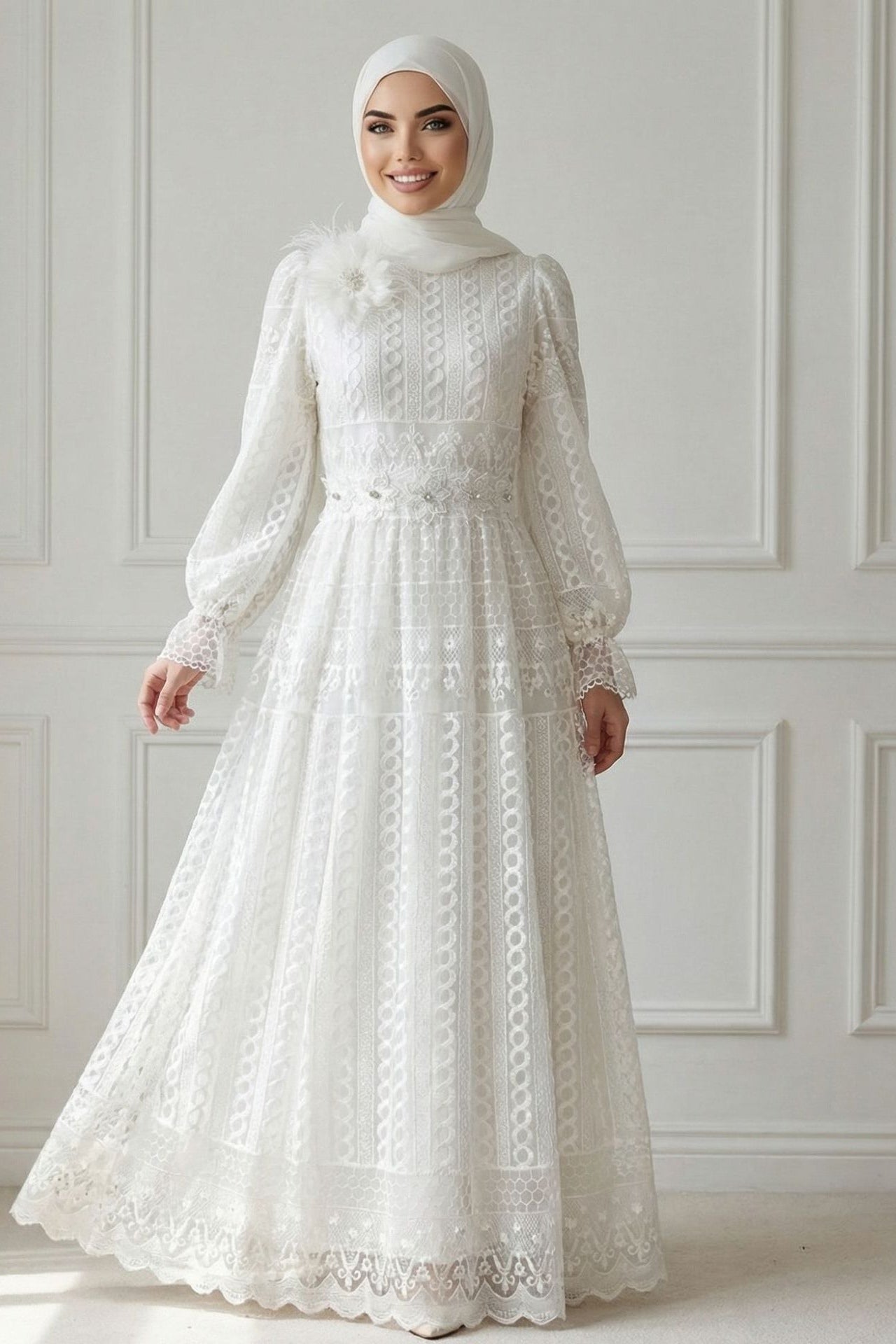 Double-Layer Lace Embroidered Maxi Dress-White