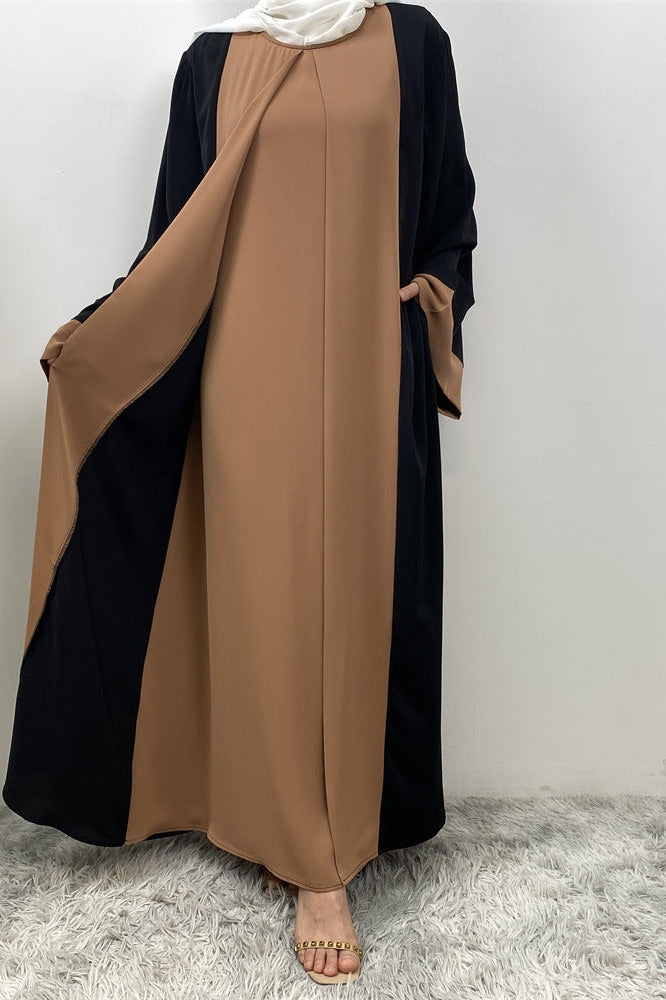 فستان عباية بطبقتين بتصميم مزيف - بني