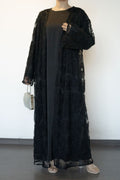 Hand-Beaded Floral Mesh Abaya Two-Piece Set-Black
