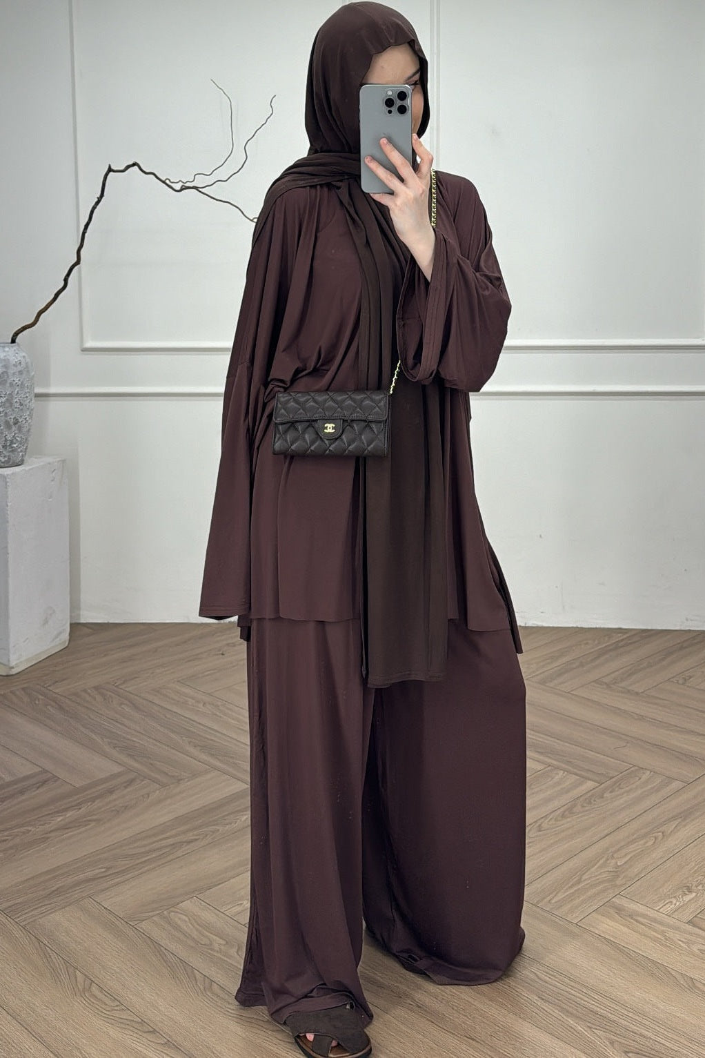 Draped Oversized Tunic & Wide-Leg Trouser Two-Piece Set-Brown
