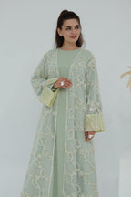 Floral Bloom Sheer Mesh Open Abaya-Green