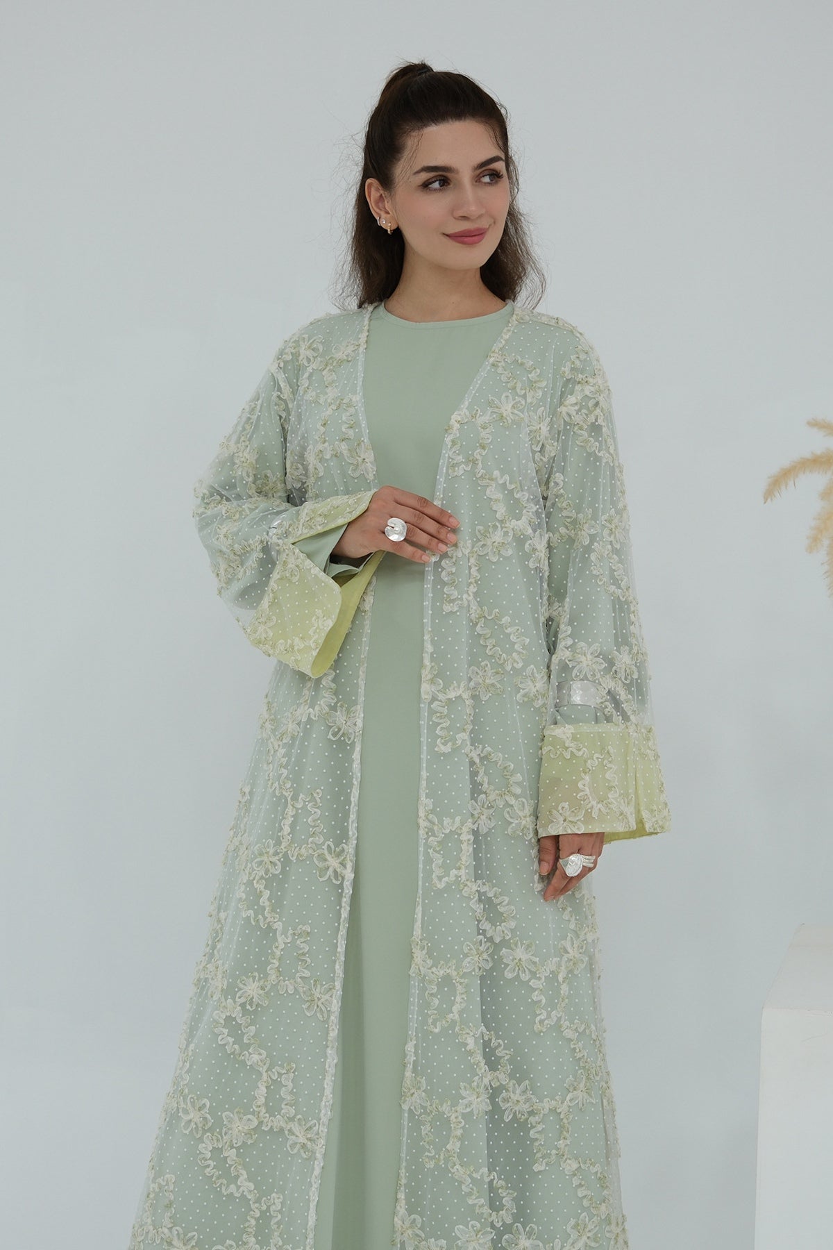 Floral Bloom Sheer Mesh Open Abaya-Green