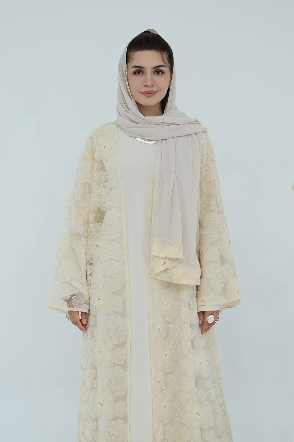 Hand-Beaded Floral Mesh Abaya Two-Piece Set-Apricot