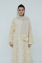 Hand-Beaded Floral Mesh Abaya Two-Piece Set-Apricot
