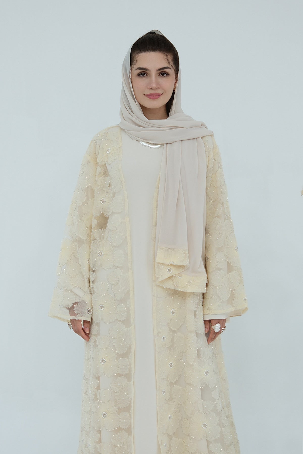 Hand-Beaded Floral Mesh Abaya Two-Piece Set-Apricot