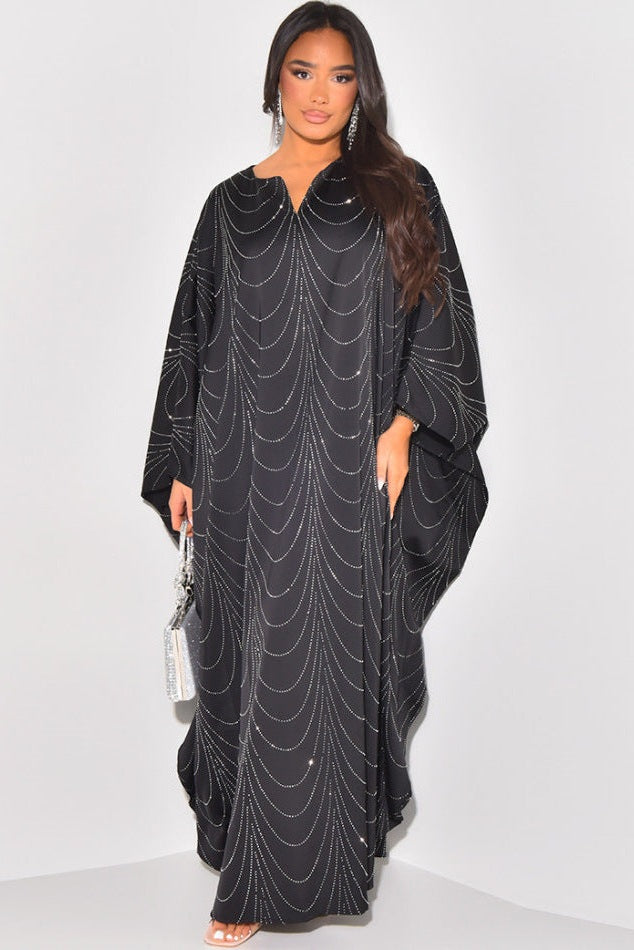 Starlit Rhinestone Embellished Evening Gown-Black